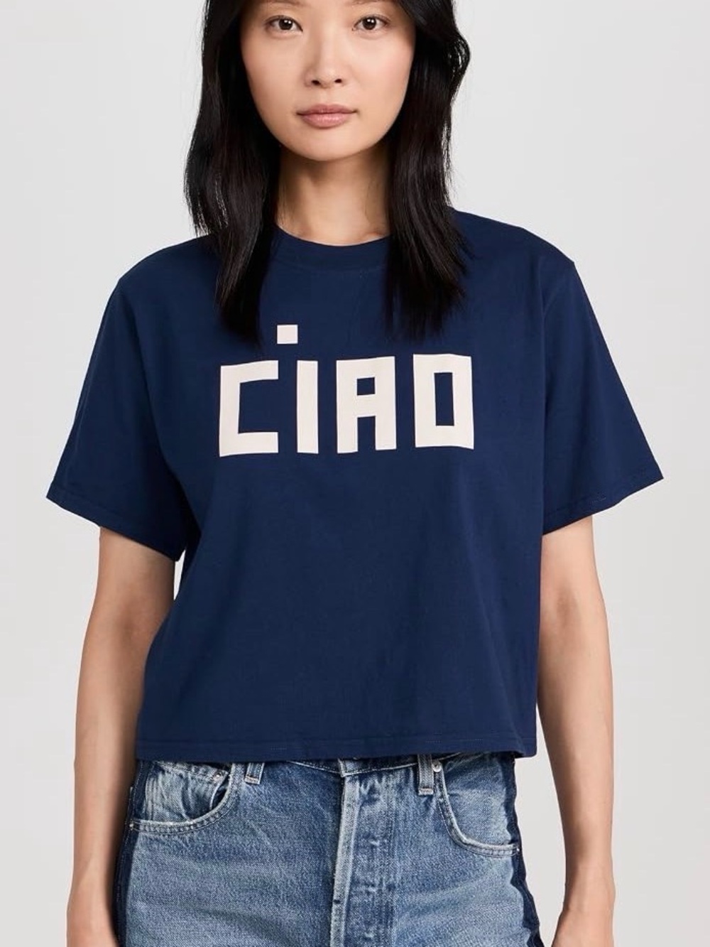 Clare V. Le Carre Tee — Navy w/ Cream Block Ciao, Size Small